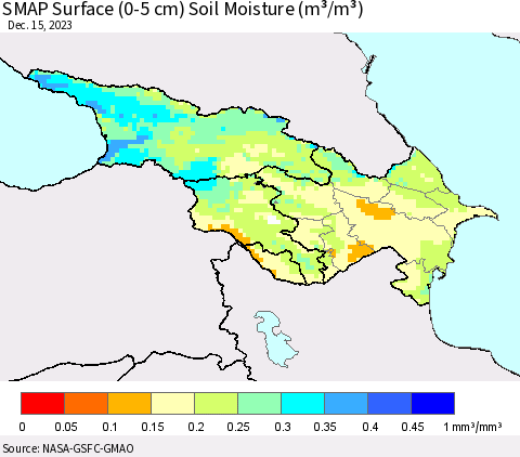 Azerbaijan, Armenia and Georgia SMAP Surface (0-5 cm) Soil Moisture (m³/m³) Thematic Map For 12/11/2023 - 12/15/2023