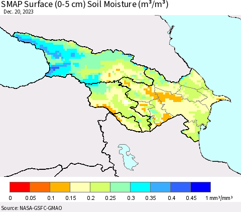 Azerbaijan, Armenia and Georgia SMAP Surface (0-5 cm) Soil Moisture (m³/m³) Thematic Map For 12/16/2023 - 12/20/2023