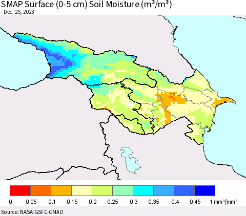 Azerbaijan, Armenia and Georgia SMAP Surface (0-5 cm) Soil Moisture (m³/m³) Thematic Map For 12/21/2023 - 12/25/2023