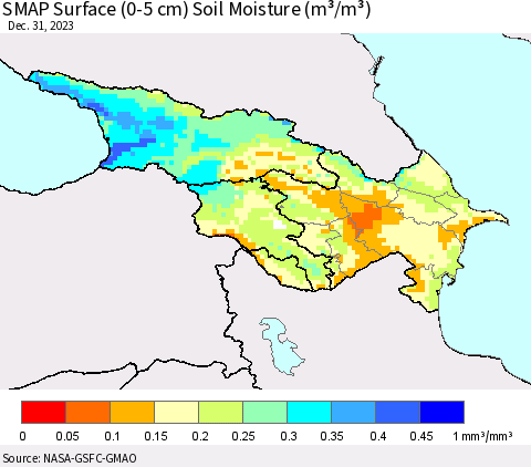 Azerbaijan, Armenia and Georgia SMAP Surface (0-5 cm) Soil Moisture (m³/m³) Thematic Map For 12/26/2023 - 12/31/2023