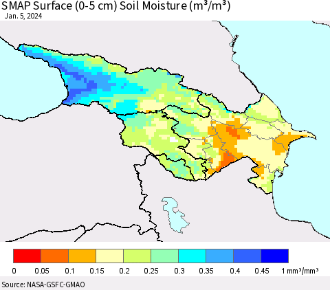 Azerbaijan, Armenia and Georgia SMAP Surface (0-5 cm) Soil Moisture (m³/m³) Thematic Map For 1/1/2024 - 1/5/2024
