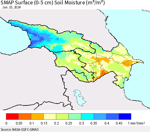 Azerbaijan, Armenia and Georgia SMAP Surface (0-5 cm) Soil Moisture (m³/m³) Thematic Map For 1/6/2024 - 1/10/2024