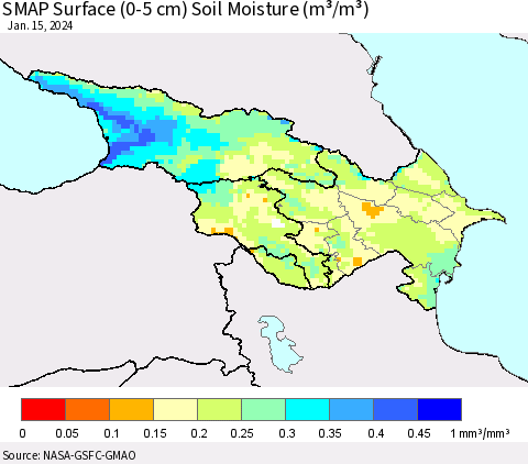 Azerbaijan, Armenia and Georgia SMAP Surface (0-5 cm) Soil Moisture (m³/m³) Thematic Map For 1/11/2024 - 1/15/2024