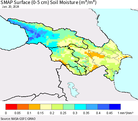 Azerbaijan, Armenia and Georgia SMAP Surface (0-5 cm) Soil Moisture (m³/m³) Thematic Map For 1/16/2024 - 1/20/2024
