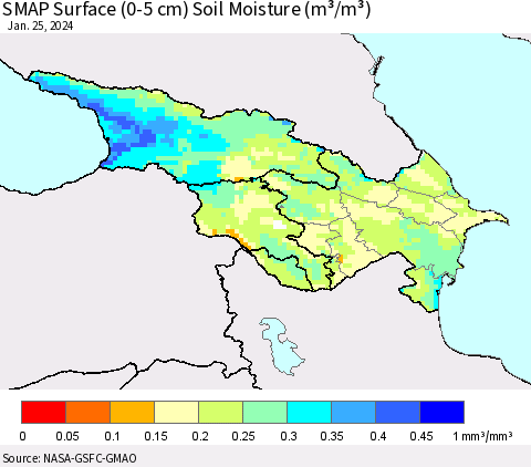 Azerbaijan, Armenia and Georgia SMAP Surface (0-5 cm) Soil Moisture (m³/m³) Thematic Map For 1/21/2024 - 1/25/2024