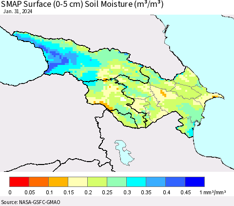 Azerbaijan, Armenia and Georgia SMAP Surface (0-5 cm) Soil Moisture (m³/m³) Thematic Map For 1/26/2024 - 1/31/2024