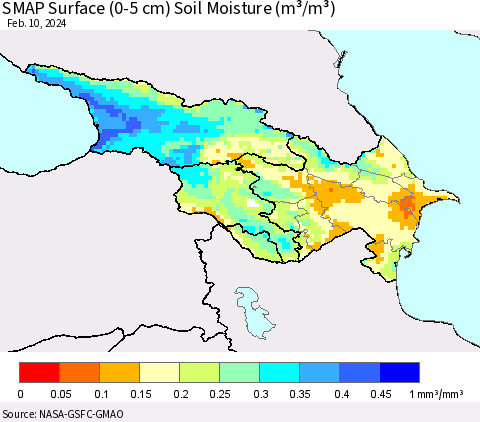 Azerbaijan, Armenia and Georgia SMAP Surface (0-5 cm) Soil Moisture (m³/m³) Thematic Map For 2/6/2024 - 2/10/2024
