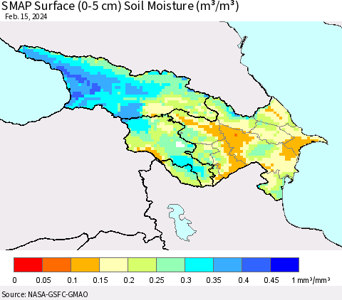 Azerbaijan, Armenia and Georgia SMAP Surface (0-5 cm) Soil Moisture (m³/m³) Thematic Map For 2/11/2024 - 2/15/2024
