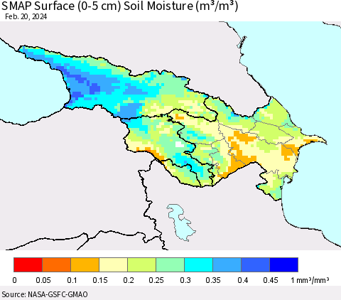 Azerbaijan, Armenia and Georgia SMAP Surface (0-5 cm) Soil Moisture (m³/m³) Thematic Map For 2/16/2024 - 2/20/2024
