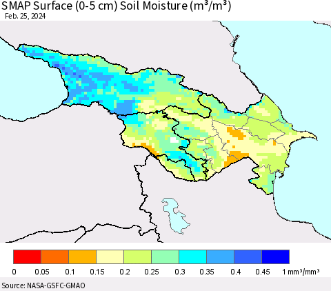 Azerbaijan, Armenia and Georgia SMAP Surface (0-5 cm) Soil Moisture (m³/m³) Thematic Map For 2/21/2024 - 2/25/2024