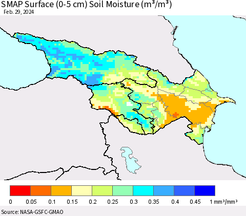 Azerbaijan, Armenia and Georgia SMAP Surface (0-5 cm) Soil Moisture (m³/m³) Thematic Map For 2/26/2024 - 2/29/2024