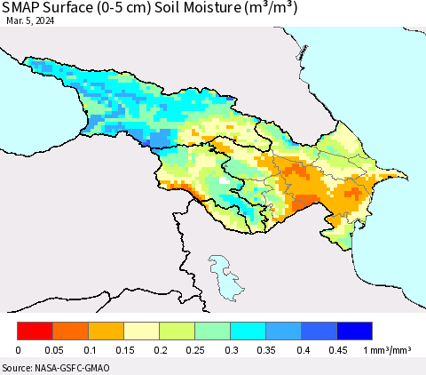 Azerbaijan, Armenia and Georgia SMAP Surface (0-5 cm) Soil Moisture (m³/m³) Thematic Map For 3/1/2024 - 3/5/2024