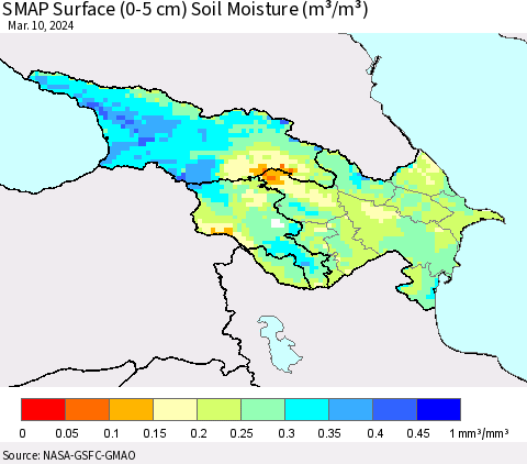 Azerbaijan, Armenia and Georgia SMAP Surface (0-5 cm) Soil Moisture (m³/m³) Thematic Map For 3/6/2024 - 3/10/2024