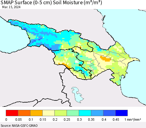 Azerbaijan, Armenia and Georgia SMAP Surface (0-5 cm) Soil Moisture (m³/m³) Thematic Map For 3/11/2024 - 3/15/2024