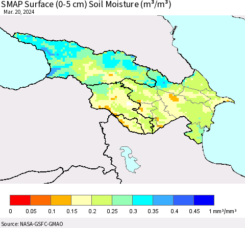 Azerbaijan, Armenia and Georgia SMAP Surface (0-5 cm) Soil Moisture (m³/m³) Thematic Map For 3/16/2024 - 3/20/2024