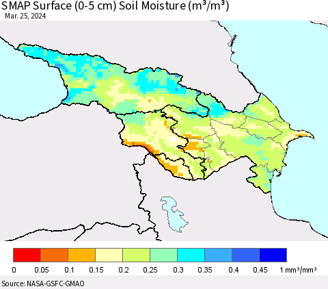 Azerbaijan, Armenia and Georgia SMAP Surface (0-5 cm) Soil Moisture (m³/m³) Thematic Map For 3/21/2024 - 3/25/2024