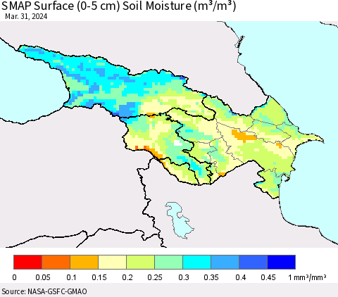 Azerbaijan, Armenia and Georgia SMAP Surface (0-5 cm) Soil Moisture (m³/m³) Thematic Map For 3/26/2024 - 3/31/2024