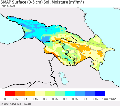 Azerbaijan, Armenia and Georgia SMAP Surface (0-5 cm) Soil Moisture (m³/m³) Thematic Map For 4/1/2024 - 4/5/2024