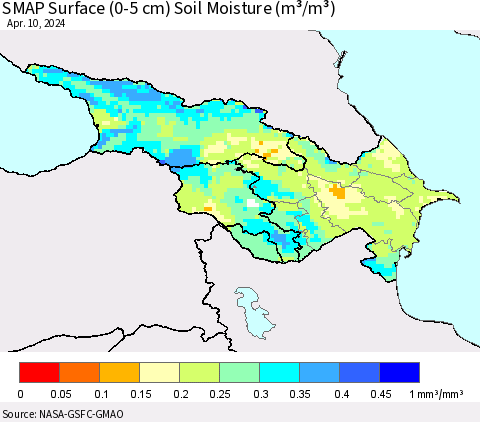 Azerbaijan, Armenia and Georgia SMAP Surface (0-5 cm) Soil Moisture (m³/m³) Thematic Map For 4/6/2024 - 4/10/2024