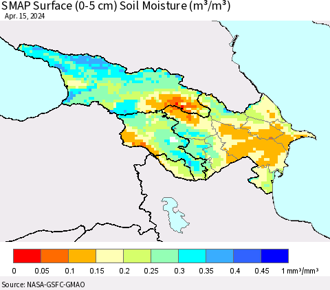 Azerbaijan, Armenia and Georgia SMAP Surface (0-5 cm) Soil Moisture (m³/m³) Thematic Map For 4/11/2024 - 4/15/2024