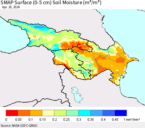 Azerbaijan, Armenia and Georgia SMAP Surface (0-5 cm) Soil Moisture (m³/m³) Thematic Map For 4/16/2024 - 4/20/2024