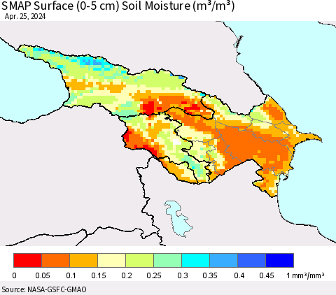Azerbaijan, Armenia and Georgia SMAP Surface (0-5 cm) Soil Moisture (m³/m³) Thematic Map For 4/21/2024 - 4/25/2024