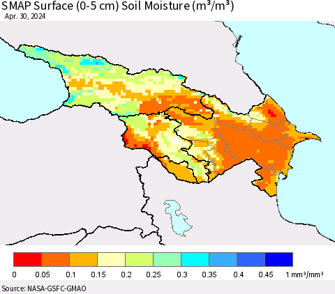 Azerbaijan, Armenia and Georgia SMAP Surface (0-5 cm) Soil Moisture (m³/m³) Thematic Map For 4/26/2024 - 4/30/2024