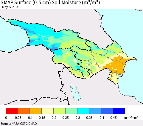 Azerbaijan, Armenia and Georgia SMAP Surface (0-5 cm) Soil Moisture (m³/m³) Thematic Map For 5/1/2024 - 5/5/2024