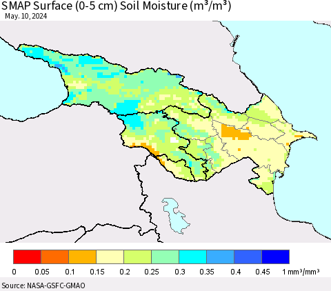 Azerbaijan, Armenia and Georgia SMAP Surface (0-5 cm) Soil Moisture (m³/m³) Thematic Map For 5/6/2024 - 5/10/2024