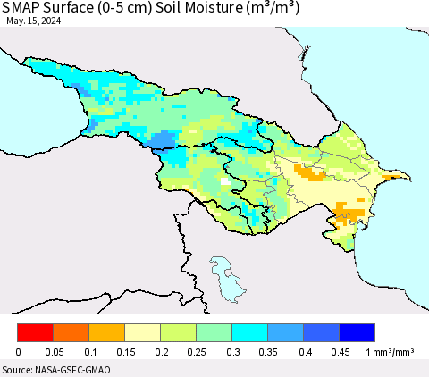Azerbaijan, Armenia and Georgia SMAP Surface (0-5 cm) Soil Moisture (m³/m³) Thematic Map For 5/11/2024 - 5/15/2024