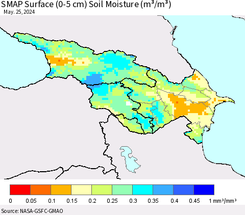 Azerbaijan, Armenia and Georgia SMAP Surface (0-5 cm) Soil Moisture (m³/m³) Thematic Map For 5/21/2024 - 5/25/2024