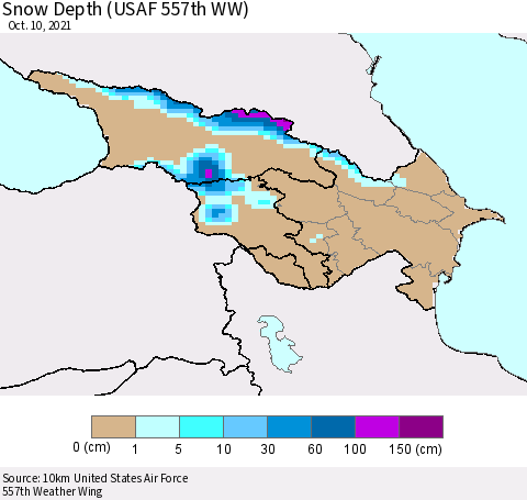 Azerbaijan, Armenia and Georgia Snow Depth (USAF 557th WW) Thematic Map For 10/4/2021 - 10/10/2021