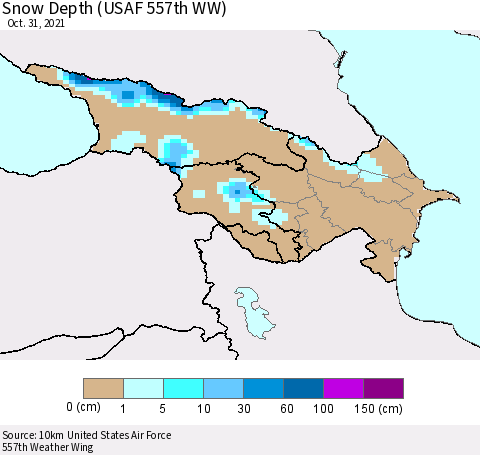 Azerbaijan, Armenia and Georgia Snow Depth (USAF 557th WW) Thematic Map For 10/25/2021 - 10/31/2021