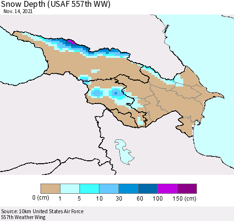 Azerbaijan, Armenia and Georgia Snow Depth (USAF 557th WW) Thematic Map For 11/8/2021 - 11/14/2021