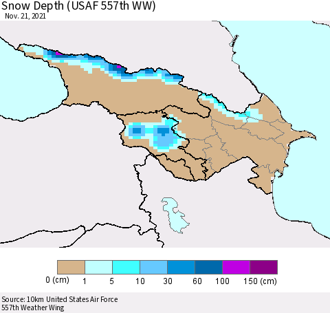 Azerbaijan, Armenia and Georgia Snow Depth (USAF 557th WW) Thematic Map For 11/15/2021 - 11/21/2021