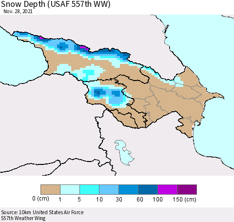 Azerbaijan, Armenia and Georgia Snow Depth (USAF 557th WW) Thematic Map For 11/22/2021 - 11/28/2021