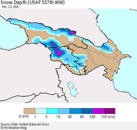 Azerbaijan, Armenia and Georgia Snow Depth (USAF 557th WW) Thematic Map For 12/6/2021 - 12/12/2021