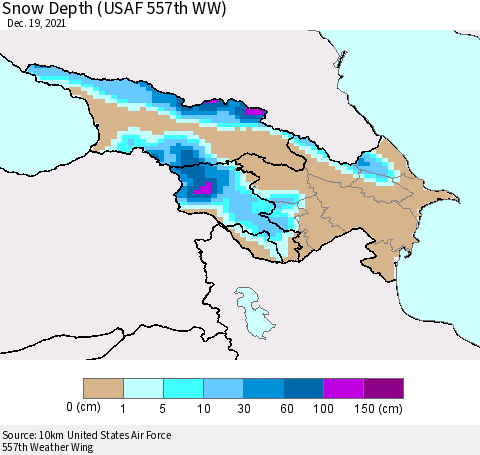 Azerbaijan, Armenia and Georgia Snow Depth (USAF 557th WW) Thematic Map For 12/13/2021 - 12/19/2021