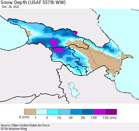 Azerbaijan, Armenia and Georgia Snow Depth (USAF 557th WW) Thematic Map For 12/20/2021 - 12/26/2021