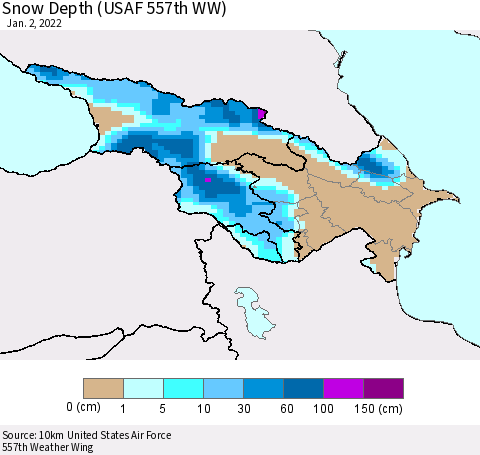 Azerbaijan, Armenia and Georgia Snow Depth (USAF 557th WW) Thematic Map For 12/27/2021 - 1/2/2022
