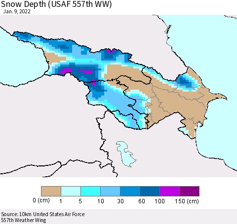 Azerbaijan, Armenia and Georgia Snow Depth (USAF 557th WW) Thematic Map For 1/3/2022 - 1/9/2022