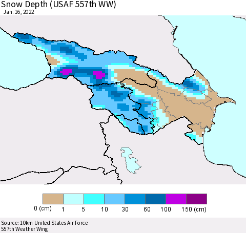 Azerbaijan, Armenia and Georgia Snow Depth (USAF 557th WW) Thematic Map For 1/10/2022 - 1/16/2022