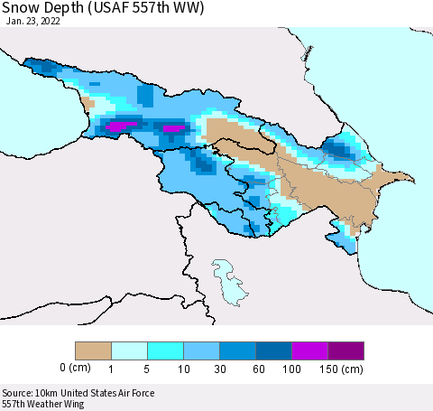 Azerbaijan, Armenia and Georgia Snow Depth (USAF 557th WW) Thematic Map For 1/17/2022 - 1/23/2022