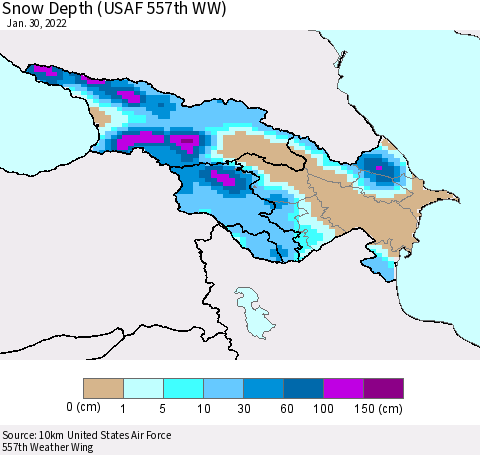 Azerbaijan, Armenia and Georgia Snow Depth (USAF 557th WW) Thematic Map For 1/24/2022 - 1/30/2022