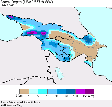 Azerbaijan, Armenia and Georgia Snow Depth (USAF 557th WW) Thematic Map For 1/31/2022 - 2/6/2022