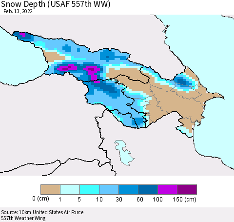 Azerbaijan, Armenia and Georgia Snow Depth (USAF 557th WW) Thematic Map For 2/7/2022 - 2/13/2022