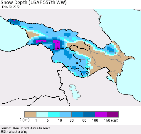 Azerbaijan, Armenia and Georgia Snow Depth (USAF 557th WW) Thematic Map For 2/14/2022 - 2/20/2022