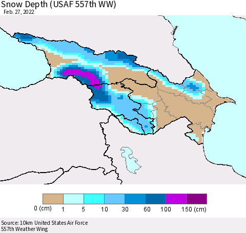Azerbaijan, Armenia and Georgia Snow Depth (USAF 557th WW) Thematic Map For 2/21/2022 - 2/27/2022