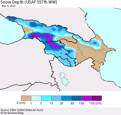 Azerbaijan, Armenia and Georgia Snow Depth (USAF 557th WW) Thematic Map For 2/28/2022 - 3/6/2022