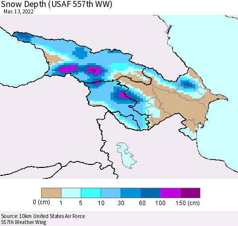 Azerbaijan, Armenia and Georgia Snow Depth (USAF 557th WW) Thematic Map For 3/7/2022 - 3/13/2022